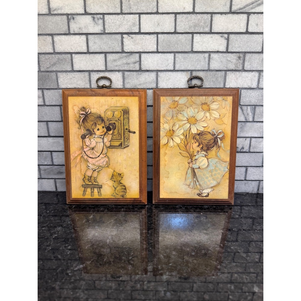 Vintage 1971 Springbok Thelma Christensen Wood Wall Plaques Girl Set of 2